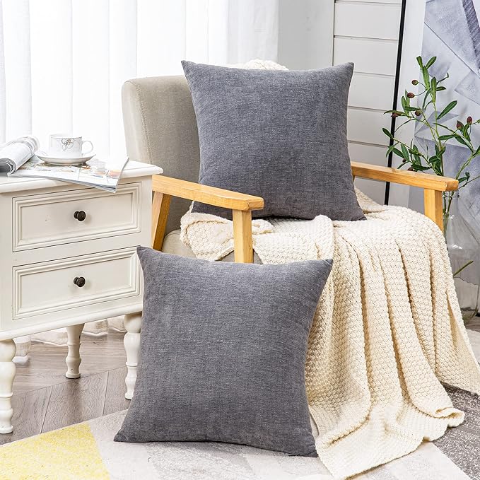 GAWAMAY Decorative Chenille Throw Pillow Covers 24x24 Inch Pack of 2, Soft Square Couch Pillow Cover for Sofa Cushion Living Room Bedroom Solid Dyed Pillowcases Grey 60x60cm (ONLY Covers)