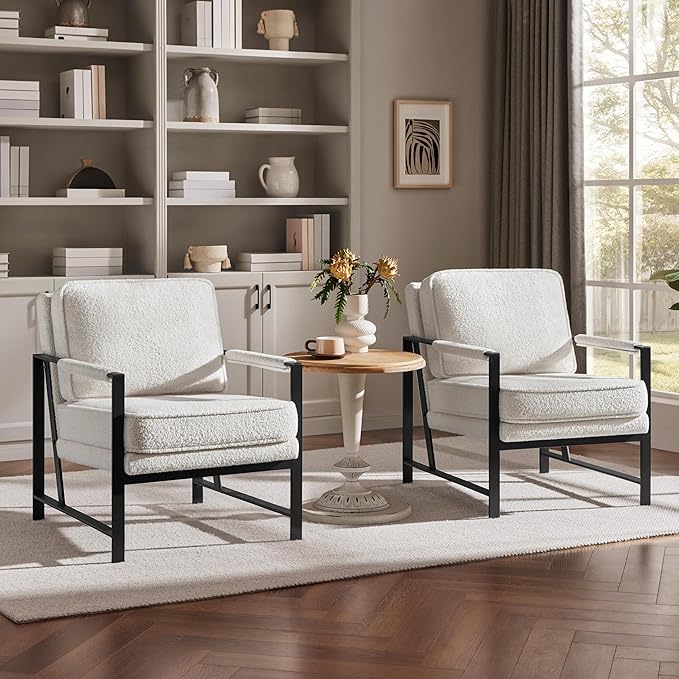 Yaheetech Teddy Boucle Fabric Armchair, Retro Leisure Accent Chair with Extra Soft Padded and Cushion, Modern Reading Arm Chair with Black Metal Frame for Living Room/Office/Bedroom/Study, Ivory