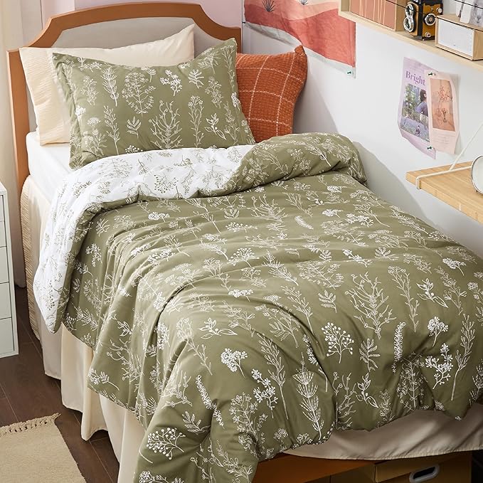 Bedsure Twin/Twin XL Comforter Set - Olive Green Bed Set, 2 Pieces Cute Floral Bedding, 1 Soft Reversible Botanical Flowers Comforter and 1 Pillow Sham