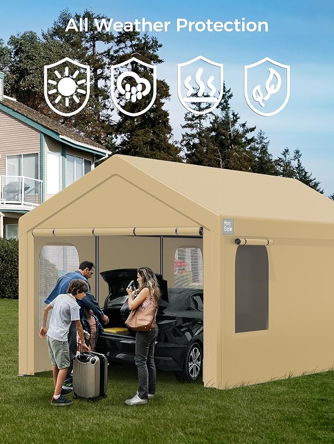 Carport, 12 x 20 FT Portable Garage Heavy Duty, Carport Canopy with Sidewalls Roll-Up Door & Windows, Car Port Canopy Tent Reinforced with Extended Skirt for Truck, Boat, Car Shed (Khaki)