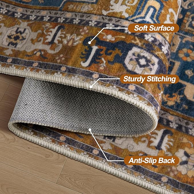 Tangsoo 4x6 Washable Rug Vintage Non Slip Indoor, Distressed Carpet for Living Room, Dining Room, Soft Low Pile Rugs Foldable Floor for Bedroom Dorm Bedside Bathroom Indigo Ochre