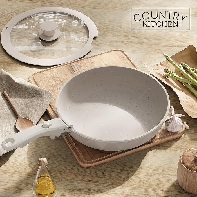 Country Kitchen Cookware Set with Removable Handle, Oven & RV Safe Pots and Pans Set, Cream Diamond, Original