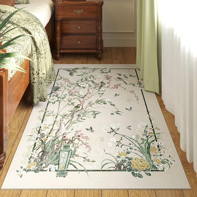 4x6 Rug Chinoiserie-Style Floral Vintage Washable Area Rugs Non Slip Low Pile Small Carpet for Bedroom, Bedside, Kids Room, Office, Dining Room, Beige