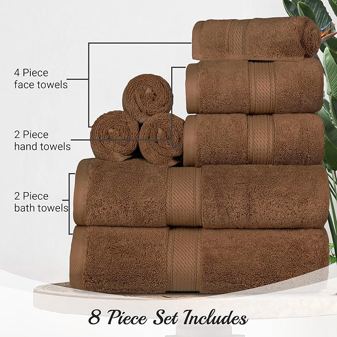 Superior Egyptian Cotton Pile 8 Piece Towel Set, Includes 2 Bath, 2 Hand, 4 Face Towels/Washcloths, Ultra Soft Luxury Towels, Thick Plush Essentials, Guest Bath, Spa, Hotel Bathroom, Chocolate