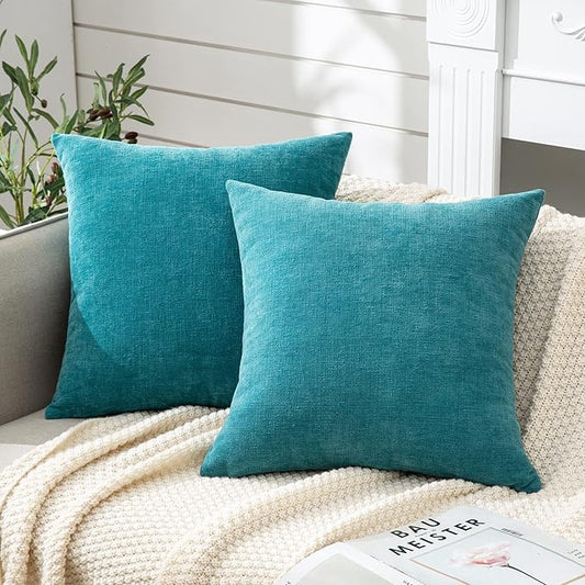 GAWAMAY Decorative Square 16x16 Inch Throw Pillow Covers Set of 2, Super Soft Chenille Pillows Farmhouse Fall Pillowcase for Living Room Bedroom Sofa Couch Cushion Cover Teal 40x40cm (No Insert)