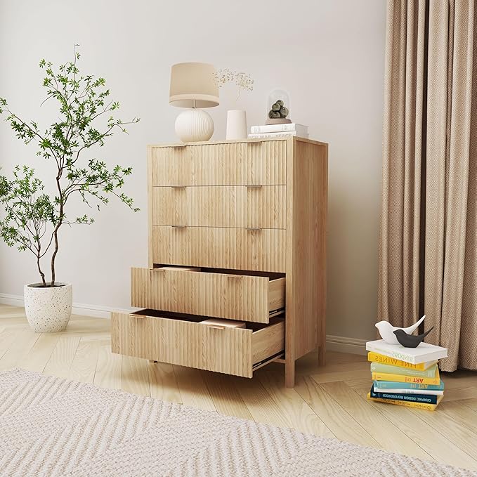Fluted 5 Drawer Tall Dresser for Bedroom, Mid Century Modern Nightstand with Drawers, Tall Bedside Table for Closet Cloth, Living Room End Table with Storage for Dorm -Natural