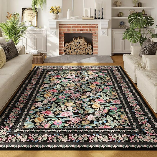 Area Rugs 8x10 for Living Room Clearance Washable Vintage Floral Rug Non Slip Low Pile Large Rug for Bedroom, Farmhouse, Dining Room, Kids Playroom, Black