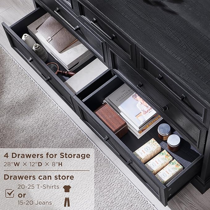 7 Drawer Dresser, Farmhouse Chest of Drawers for Bedroom, 52" Wide Dresser TV Stand with Large Metal Handles, Wood Drawer Organizer for Living Room, Hallway - Black