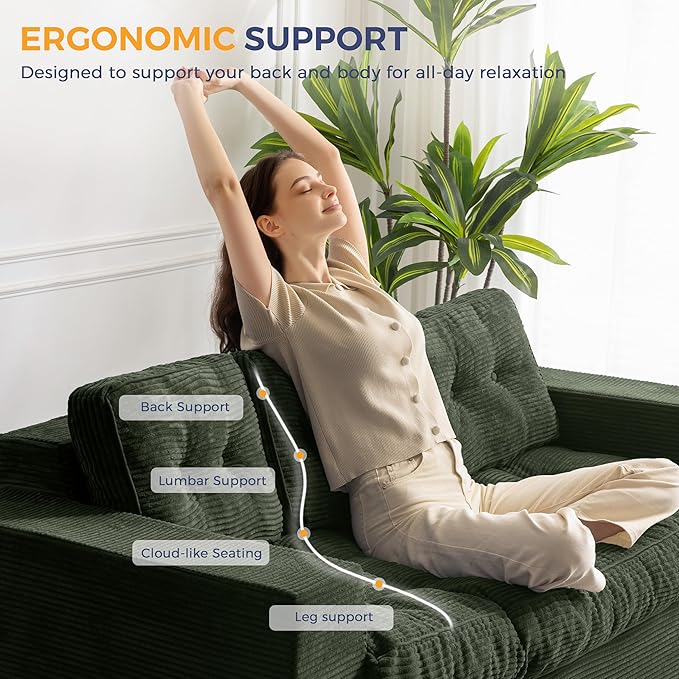 MAXYOYO 3 Seater Couch for Living Room, Boneless Couch with Tufted Cushion & Backrest, Upholstered Floor Sofa with Armrests, Sofa in A Box, No Assembly Required, Green