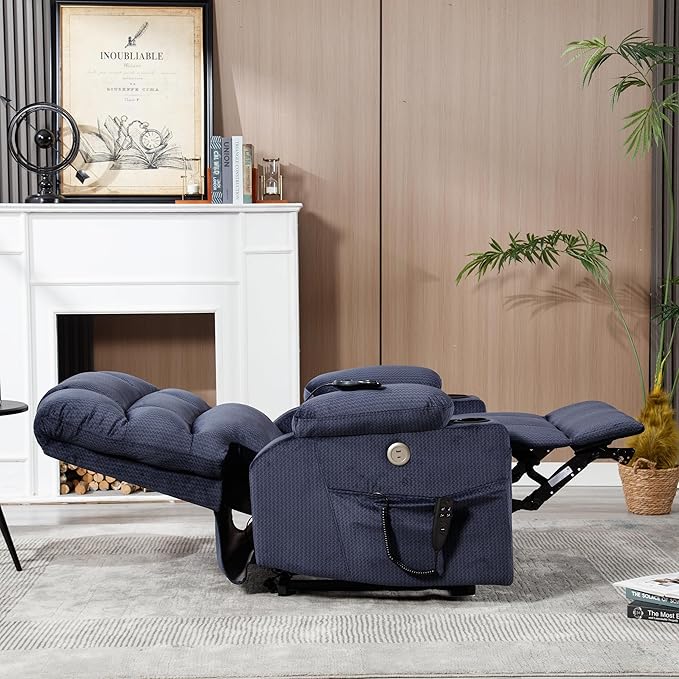 Power Lift Chair with Vibration Massage Heat for Elderly People, Dual Motor Electric Lay Flat Recliner Chair with Dual Cup Holders, Standing Assistance Reclining, Chenille Fabric Blue