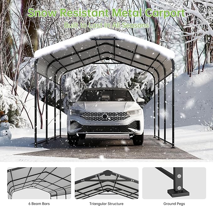 10x15FT Metal Carport, Heavy Duty Frame with Updated Galvanized Steel Roof, Enhanced Base, Outdoor Garage Car Storage Shelter for Cars, Boats, Tools, Party
