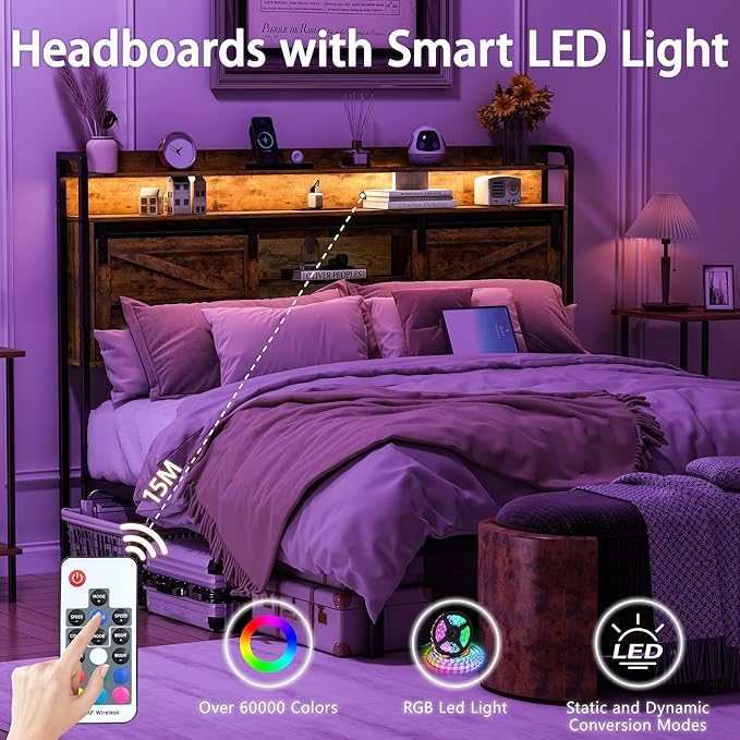 wanan Headboard Queen Size with Storage, 3 Tier Size Headboard only with Outlets, USB Ports and LED Light Strip, Headboards with Sliding Barn Doors, Adjustable Shelf (Brown, Queen (U.S. Standard))