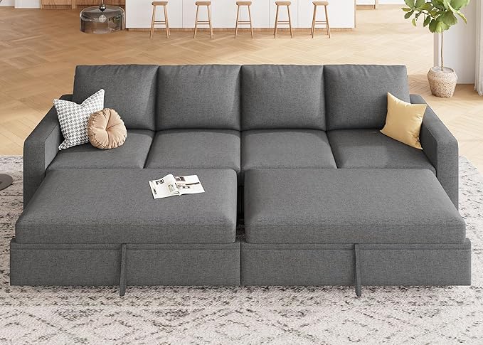 HONBAY Modular Sectional Sleeper Sofa Bed, with Pull Out Bed, Linen Convertible Sectional Couches for Living Room - Dark Grey