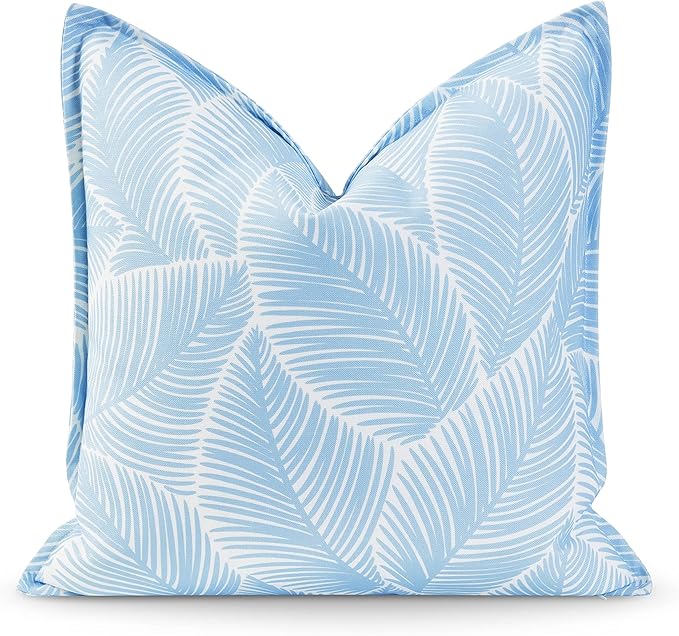 Hofdeco Premium Coastal Hampton Style Patio Indoor Outdoor Pillow Cover Only, 20"x20" Water Resistant for Backyard, Couch, Baby Blue Palm Leaf