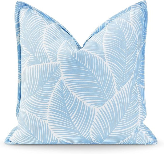 Hofdeco Premium Coastal Hampton Style Patio Indoor Outdoor Pillow Cover Only, 20"x20" Water Resistant for Backyard, Couch, Baby Blue Palm Leaf