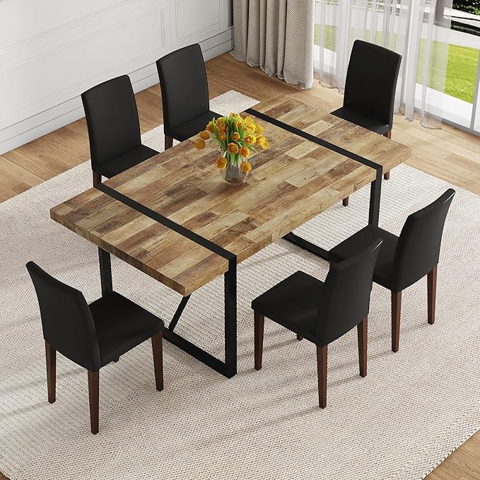 Dining Table Set for 6，Dinner Table Set for 6，71'' Kitchen Table and PU Leather Chairs Set of 6，6 Chair Dining Table Set for Kitchen Dining Room