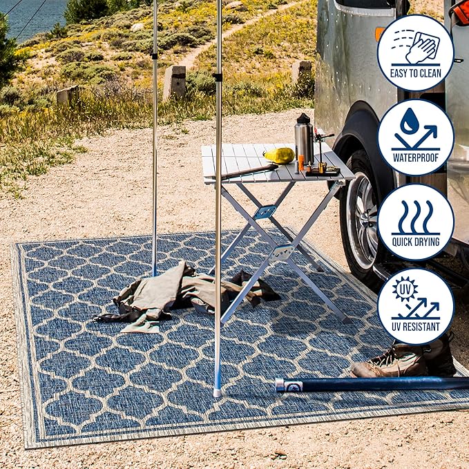 Eyely BMS109D-6 Santa Monica Trebol Moroccan Trellis Textured Weave, Pet Friendly, Non-Shedding, Stain Resistant, Easy-Cleaning, Navy/Gray, 6 ft. x 9 ft., Indoor/Outdoor, Area Rug