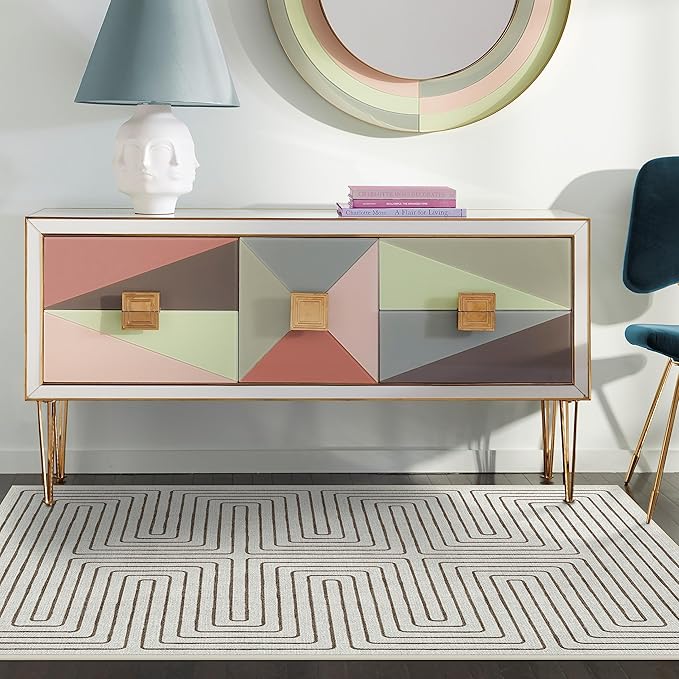 RUGGABLE x Jonathan Adler Machine Washable Modern Area Rug – Labyrinth Camel/Ivory 4x6, Stain-Resistant, Non-Slip – Medium Rugs for Living Room, Bedroom, Hallway, Entryway & Office–with Standard Pad