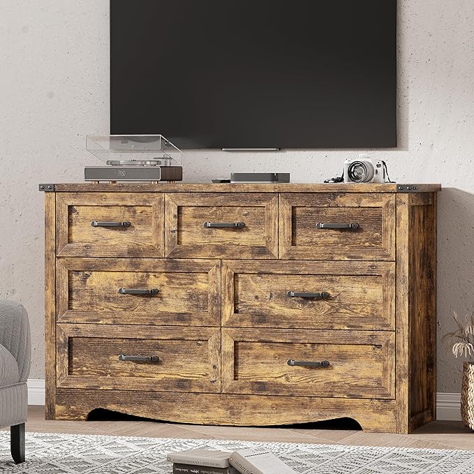 Dresser for Bedroom with 7 Drawers, 48" Wide Wood Chest of Drawers with Deep Drawers & Mental Handle, Modern Dresser TV Stand, Wooden Closet Storage Organizer for Living Room, Hallway, Entryway, Brown