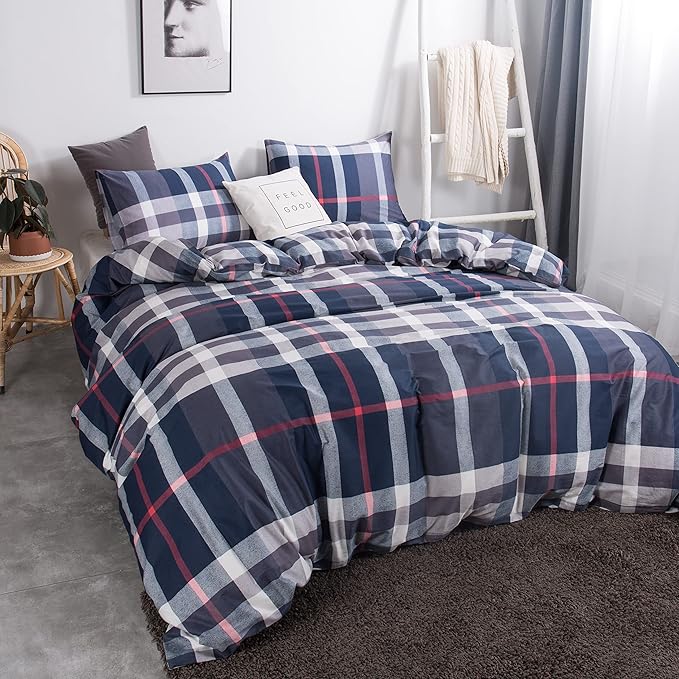 CLOTHKNOW Blue Plaid California King Comforter Set 3Pcs Tartan Bedding Comforter Sets Soft All Season Blue White Grey Grid Comforter with 2 x Pillow Cases