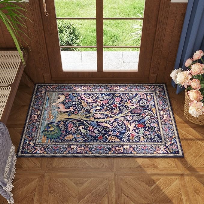 Indoor Door Mat 2x3 Rug Vibrant Tree of Life-Patterned Vintage Machine Washable Small Area Rug Non-Slip Low Pile Throw Rugs for Entryway Kitchen Front Door Entrance Entry Kids Room, Blue