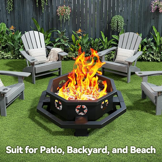 ZIENLIFE 45 Inch Fire Pit for Outside Wood Burning, Outdoor Octagonal Fire Pit with Poker, Large Firepit for Camping, Backyard, Patio, Black