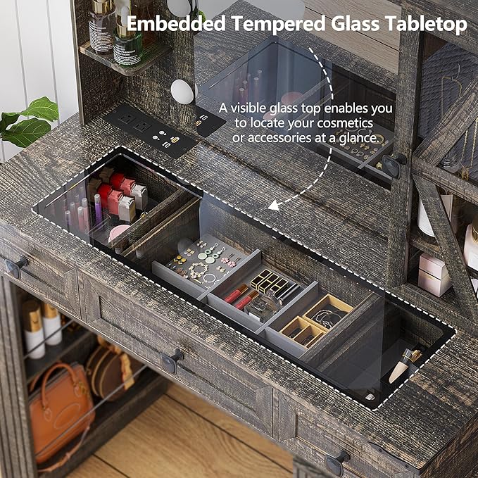 Makeup Vanity Desk Set with Mirror and Lights, Farmhouse Vanity Table with 6 Drawers/Large Storage, Brown Dressing Table 3 Colors Adjustable Lighting Brightness & Charging Station for Women