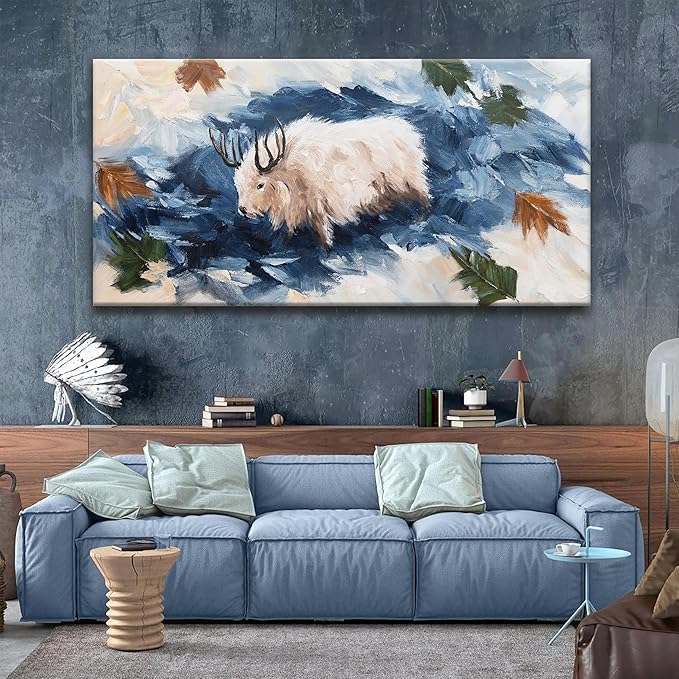 Tsomzxng Abstract Wall Art Living Room White Cow Dark Blue Poster Gothic Animal Abstract Wall Decor Prints Wildlife Animal Canvas Wall Art Decor Artwork Painting Picture For Bedroom Office 29x58 Inch