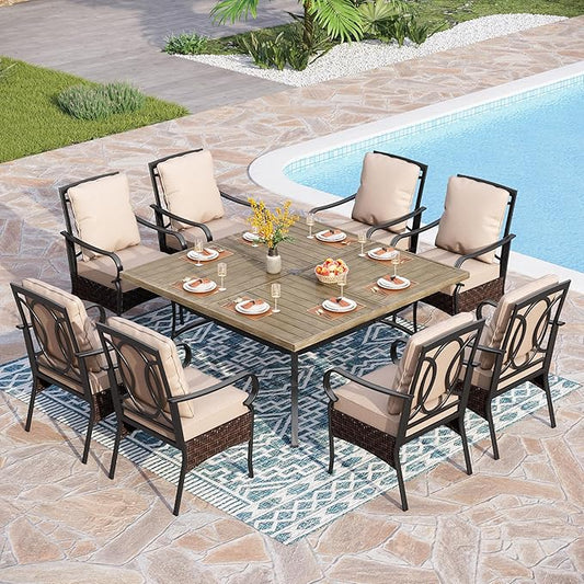 PHI VILLA 9 PCS Outdoor Dining Sets, 60x60 All-Weather Patio Table and Chairs Set for 8, Heavy Duty Patio Table Set Square for Deck, 8 Extra Large Outdoor Stationary Dining Chairs with Thick Cushions