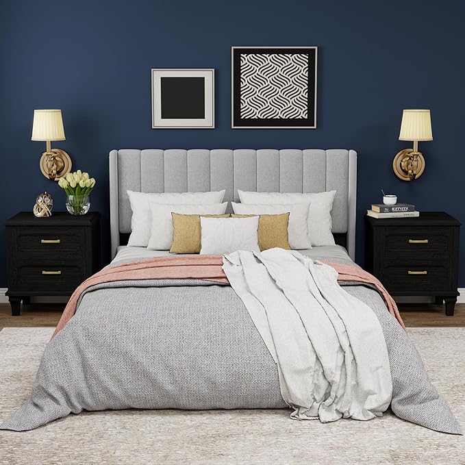 Upholstered Platform Queen Size Bed Frame with Headboard Wooden Slats Support No Noise Easy Assembly Light Grey Linen