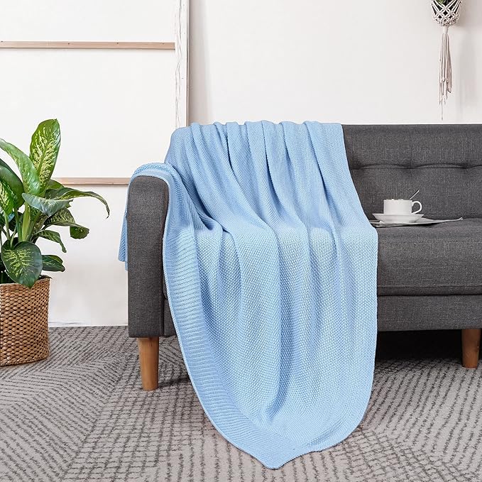 PiccoCasa 100% Cotton Knit Throw Blanket,Solid Lightweight Decorative Throws and Blankets,Soft Knitted Throw Blanket for Sofa Couch, Pale Blue 50" x 60"