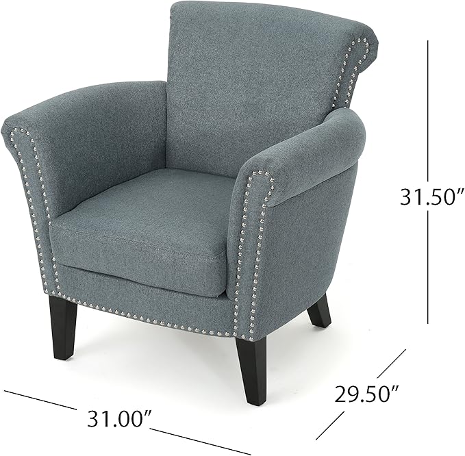 Christopher Knight Home Brice Vintage Scroll Arm Studded Fabric Club Chair, Steel Blue / Dark Brown