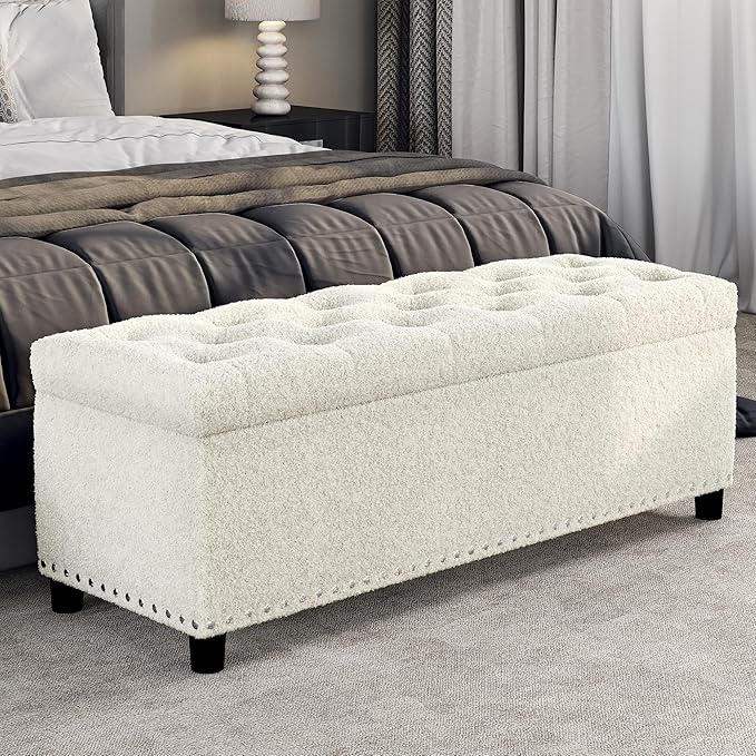 BELLEZE 47" Storage Ottoman, Storage Bench with Safety Close Hinge, Linen Button-Tufted Ottoman for Living Room, Entryway, Hallway, Foot Rest, Support 300lbs - White