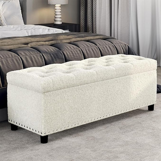 BELLEZE 47" Storage Ottoman, Storage Bench with Safety Close Hinge, Linen Button-Tufted Ottoman for Living Room, Entryway, Hallway, Foot Rest, Support 300lbs - White