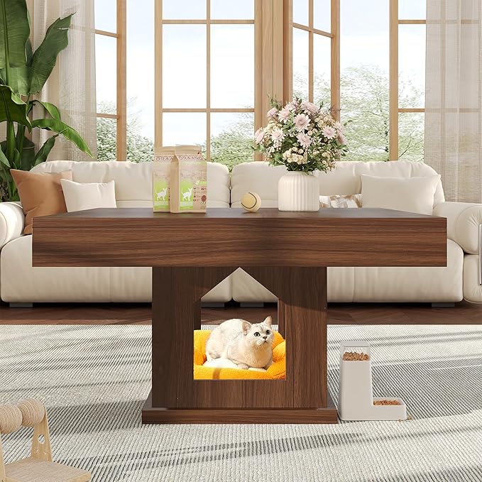 Square Coffee Table, Wooden Coffee Table with Storage and Cat House, Rustic Brown Cocktail Table for Living Room, Farmhouse Large Center Table