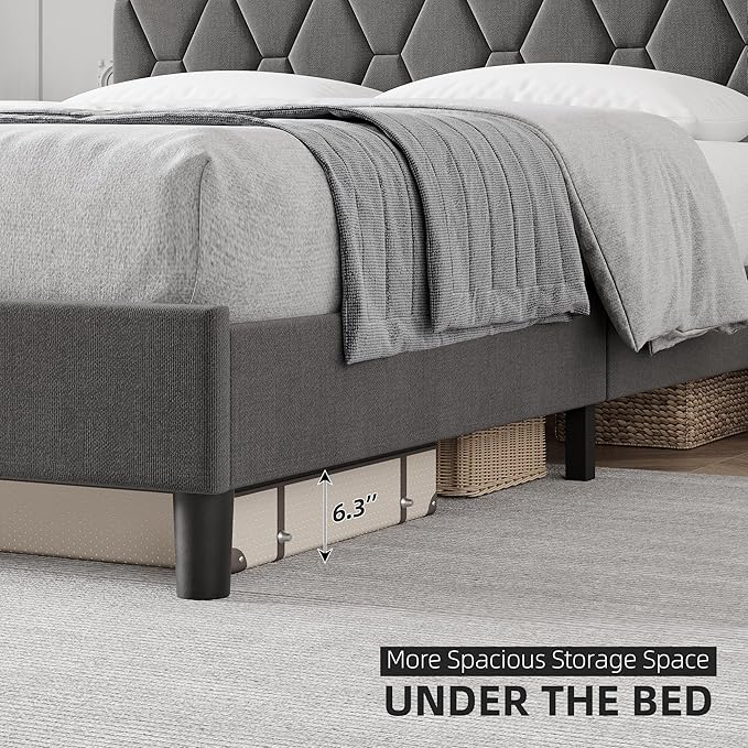 GAOMON Grey Queen Bed Frame with Upholstered Headboard, Heavy-Duty Platform Bed Frame with Strong Wood Slats, No Box Spring Needed/Easy Assembly/Noise Free