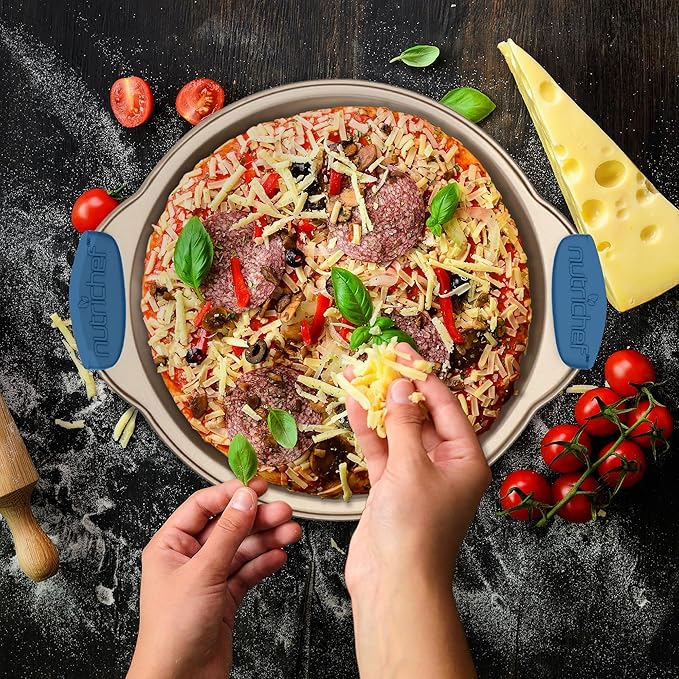 NutriChef 10-Piece Nonstick Bakeware Set - Premium Carbon Steel Baking Trays w/Heatsafe Silicone Handles, Includes Pizza Crisper, Loaf Pan, 12 & 24 Cup Muffin Pans, Round/Square Pans, Cookie Sheets