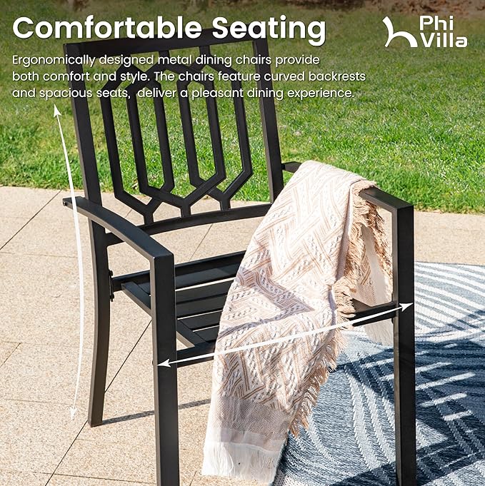 PHI VILLA 7 Pieces Outdoor Round Dining Set for 6, Wrought Iron Dining Circular Table with Umbrella Hole & Stackable Metal Steel Chairs, Large Dining Furniture Set for Patio, Deck, Yard, Porch