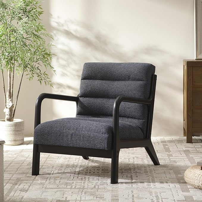 VKNOW Accent Chair with Rubberood Frame, Mid-Century Modern Upholstered Reading Armchair, High Back Lounge Armchair Living Room Chair for Bedroom Reading Room, Dark Blue