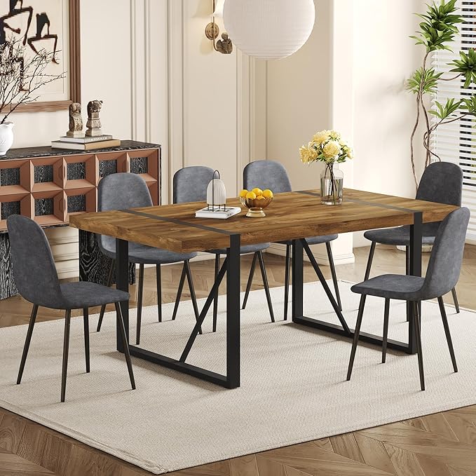 Dining Table Set for 6，Dinner Table Set for 6，71'' Dark Wood Kitchen Table and Suede Nap Fabic Chairs Set of 6，6 Chair Dining Table Set for Kitchen Dining Room