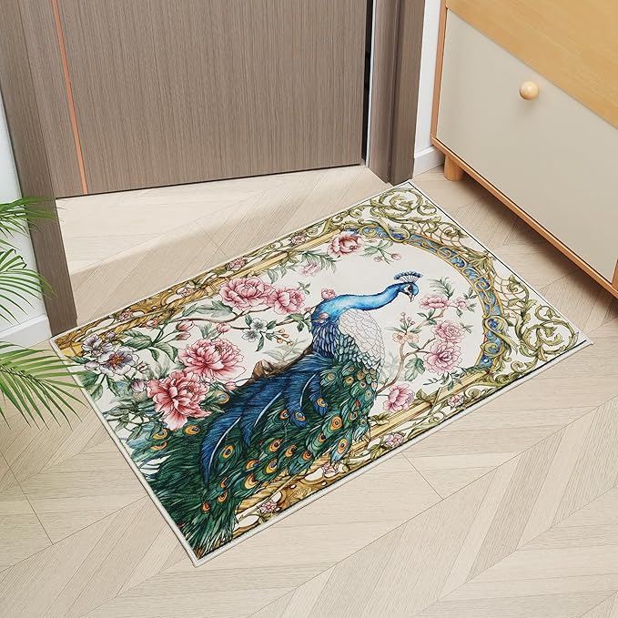Door Mat Indoor Entrance 2x3 Rug Machine Washable Floral Peacock Animal Small Area Rug Non-Slip Low Pile Throw Rugs for Entryway, Kitchen, Front Door, Entry, Kids Room (Beige)