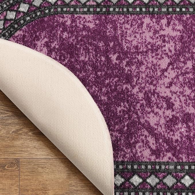 Antep Rugs Alfombras Modern Bordered 2x5 Non-Skid (Non-Slip) Low Profile Pile Rubber Backing Kitchen Area Rugs (Purple, 2' x 5' Oval)