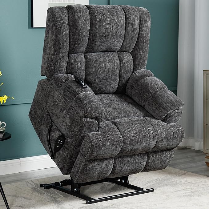 Power Lift Chair with Vibration Massage Heat for Elderly People, Dual Motor Electric Lay Flat Recliner Chair with Power-Remote, Standing Assistance Reclining, Chenille Dark Gray