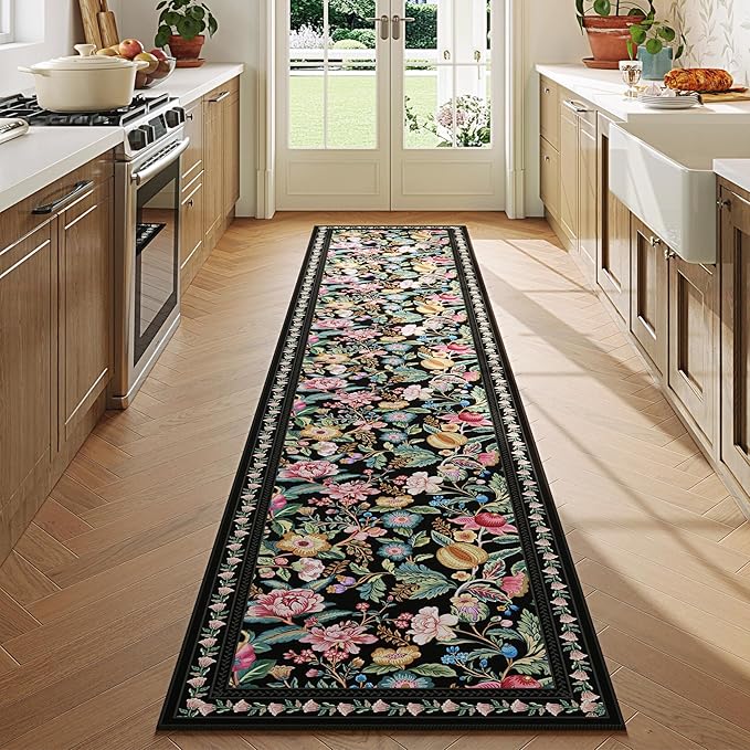 Runners for Kitchen Runner Rug Non Slip 2'x10' Long Washable Rugs with Rubber Backing Soft Vintage Floral Carpet Runner for Kitchen, Laundry, Bedroom, Bathroom, Black