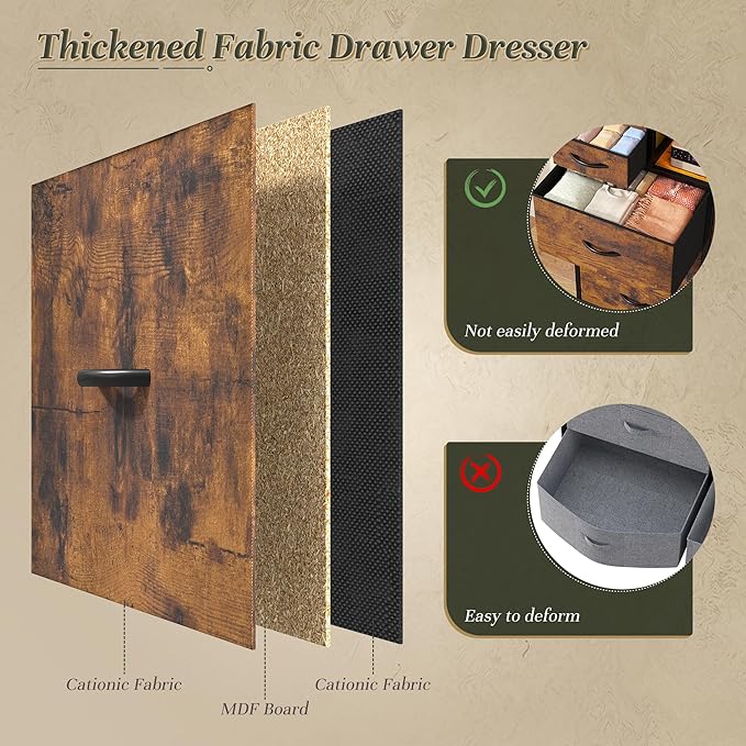 Dresser for Bedroom with Charging Station and LED and 10 Fabric Drawers, Sturdy Tall Chest of Drawers with 2 Open Storage Shelves Storage Tower for Closet, Hallway (Rustic Brown)