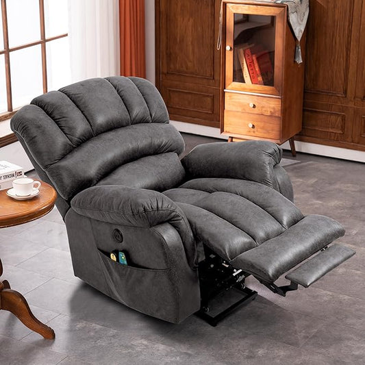 VIVIJASON Large Power Lift Electric Recliner Chair with Extended Footrest for Big Tall Elderly, Overstuffed Wide Lift Recliner with Heat & Massage, 2 Remote Controls, Side Pockets & USB Ports, Gray