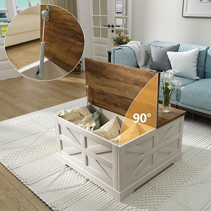 Farmhouse Coffee Table with Flip-Top Lid Rustic Wood Storage Center Table with Hidden Compartment and Sliding Barn Doors Square Cocktail Table for Living Room, Rustic White
