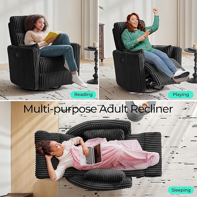 LINSY 360 Swivel Recliner Chair - Corduroy Nursery Glider Rocking Chair with 2 Pillows, Comfy High Back Adult Recliner for Small Spaces, Nursery Bedroom Living Room Reclining (Black)