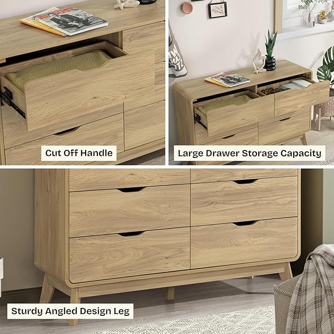 Meadow 6 Drawer Dresser for Bedroom, 47.2″ W Modern Wide Chest of Drawers, Wood Storage Organizer for Clothes, Entryway, Hallway, Nursery or Living Room, Oak