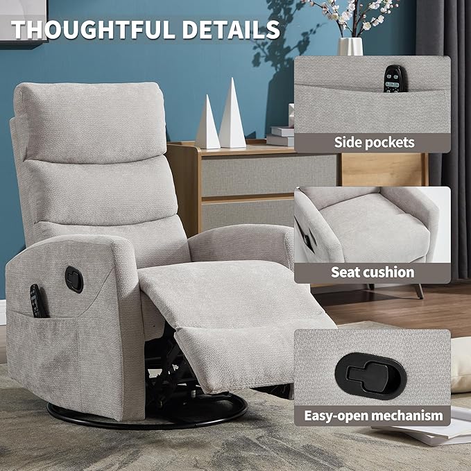 PELUMY Massage Recliner Chair with Heat - Manual Rocker Swivel Recliner, 360° Rotation & 155° Recline for Living Room（Linen Fabric, Beige）